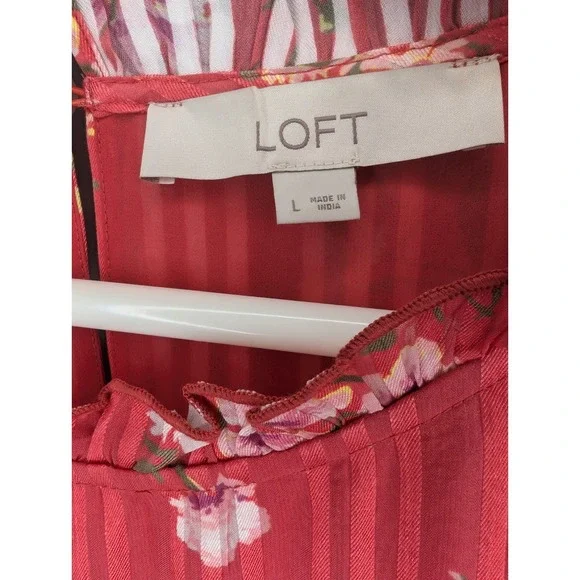 Loft Women's Size Large Dark Pink Floral Dress Lined Keyhole Ruffle Tie Belt EUC - Picture 6 of 7